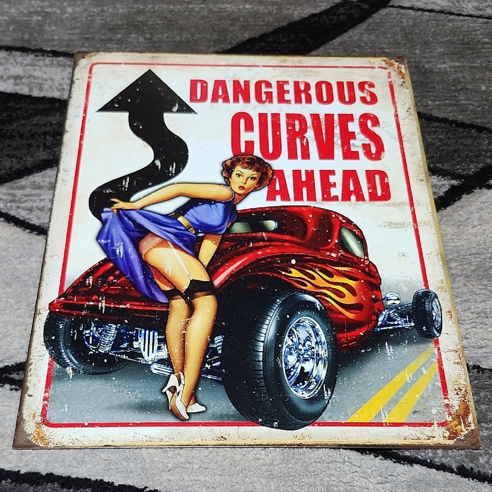 VINTAGE "DANGEROUS CURVES AHEAD" TIN SIGN HOT ROD & PIN-UP GIRL